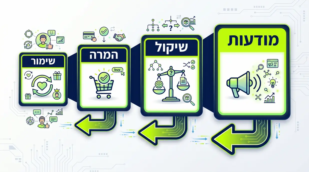 תרשים משפך שיווקי המציג את שלבי המסע של הלקוח מפרסום להמרה