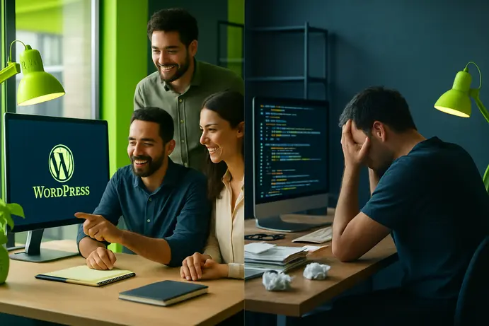 השוואה ויזואלית בין אדם מתוסכל מול מחשב לצוות מקצועי העובד יחד