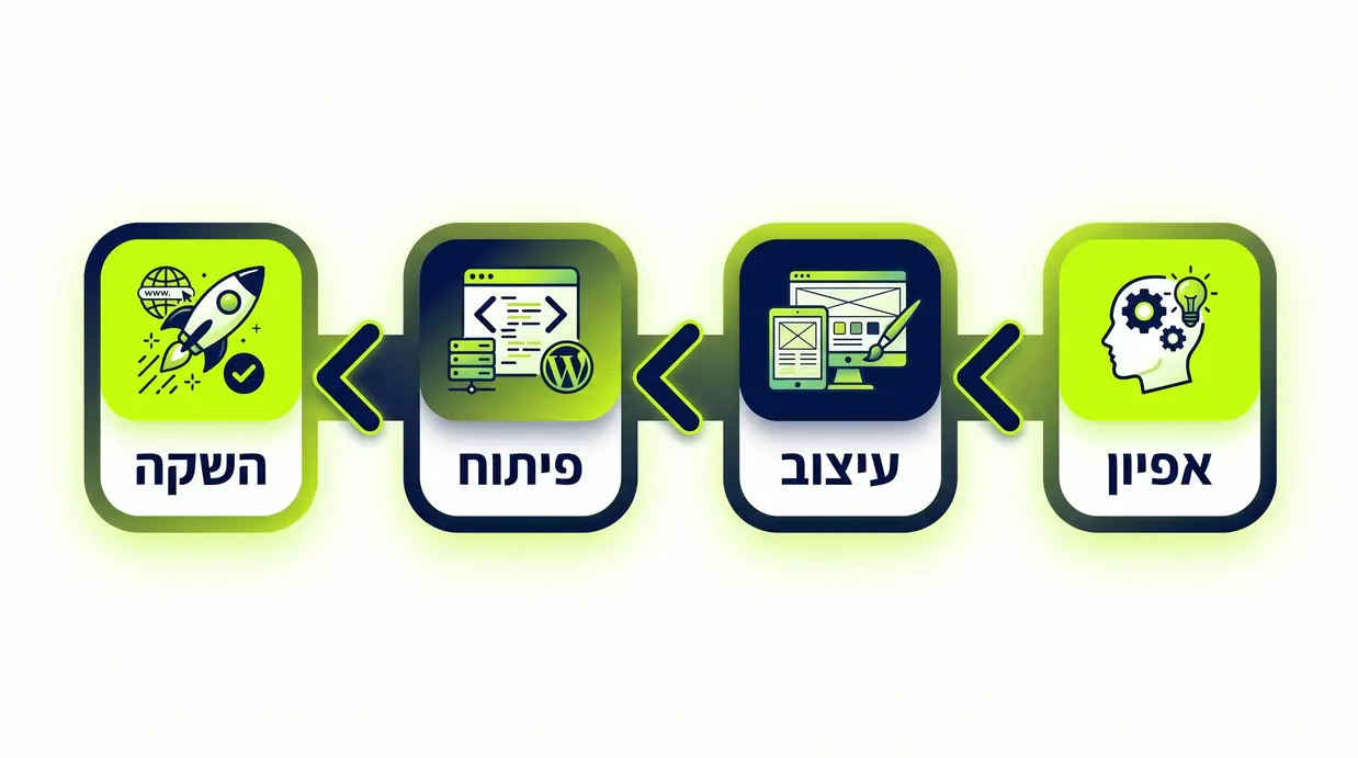 תרשים בעברית המציג את שלבי בניית אתר וורדפרס: אפיון, עיצוב, פיתוח, השקה