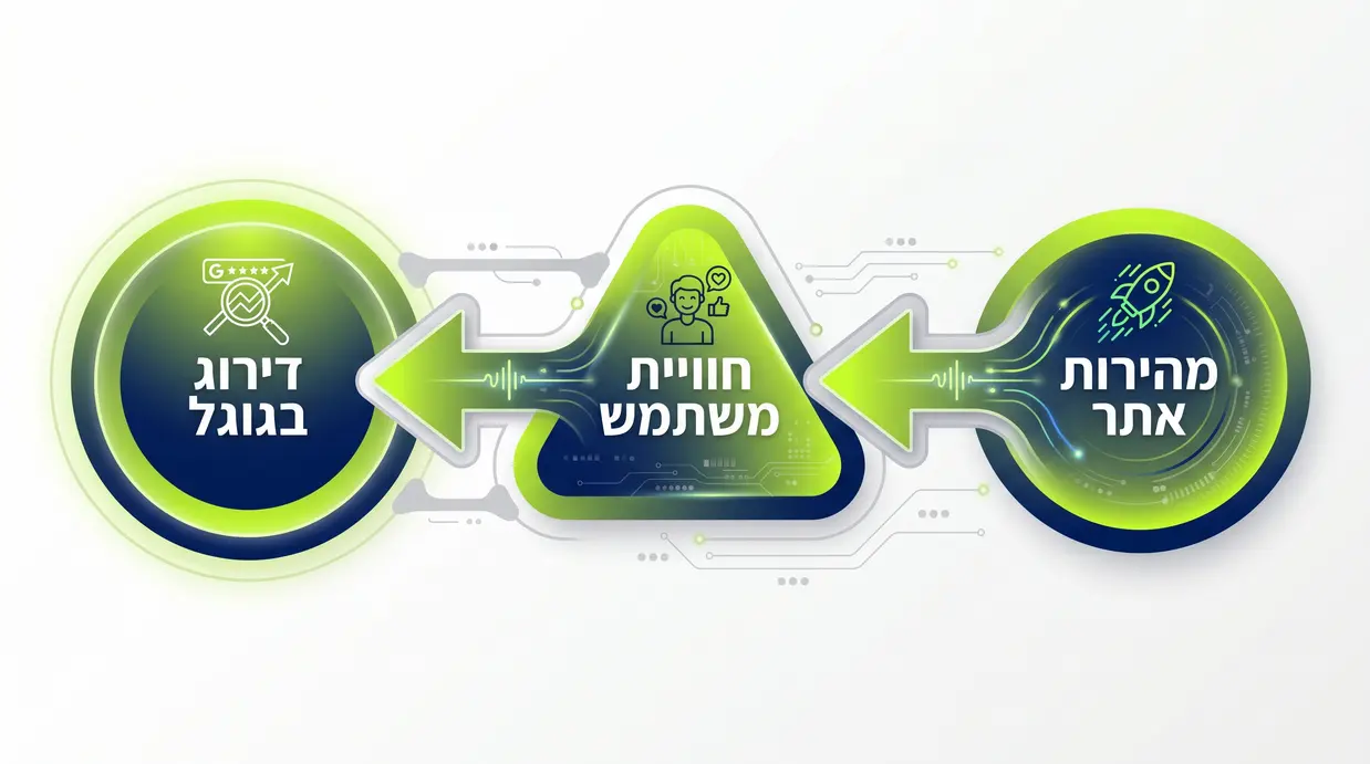 תרשים בעברית המציג את הקשר בין מהירות האתר, חוויית משתמש ודירוג בגוגל