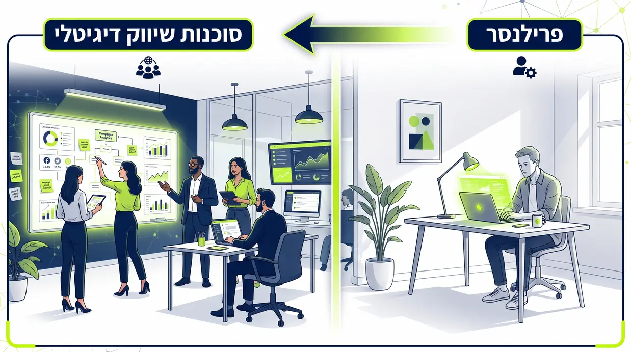 השוואה חזותית בין פרילנסר יחיד לצוות סוכנות שיווק דיגיטלי