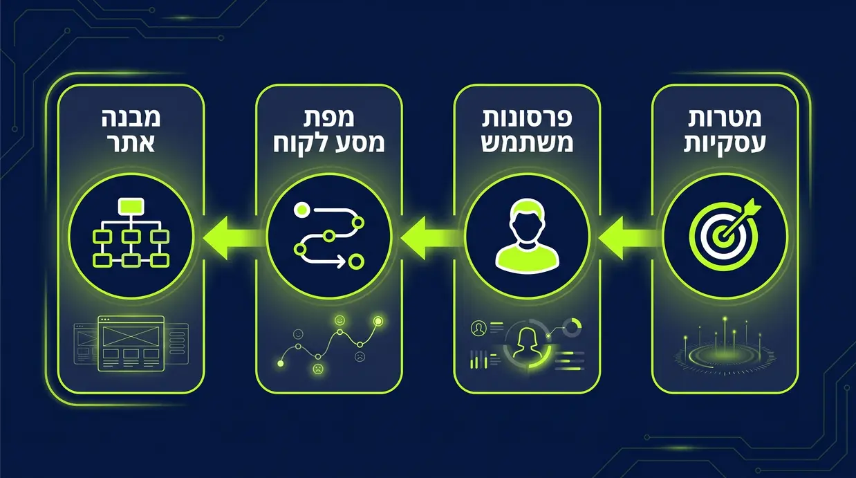 אינפוגרפיקה בעברית המציגה את שלבי המחקר והאפיון באתר וורדפרס