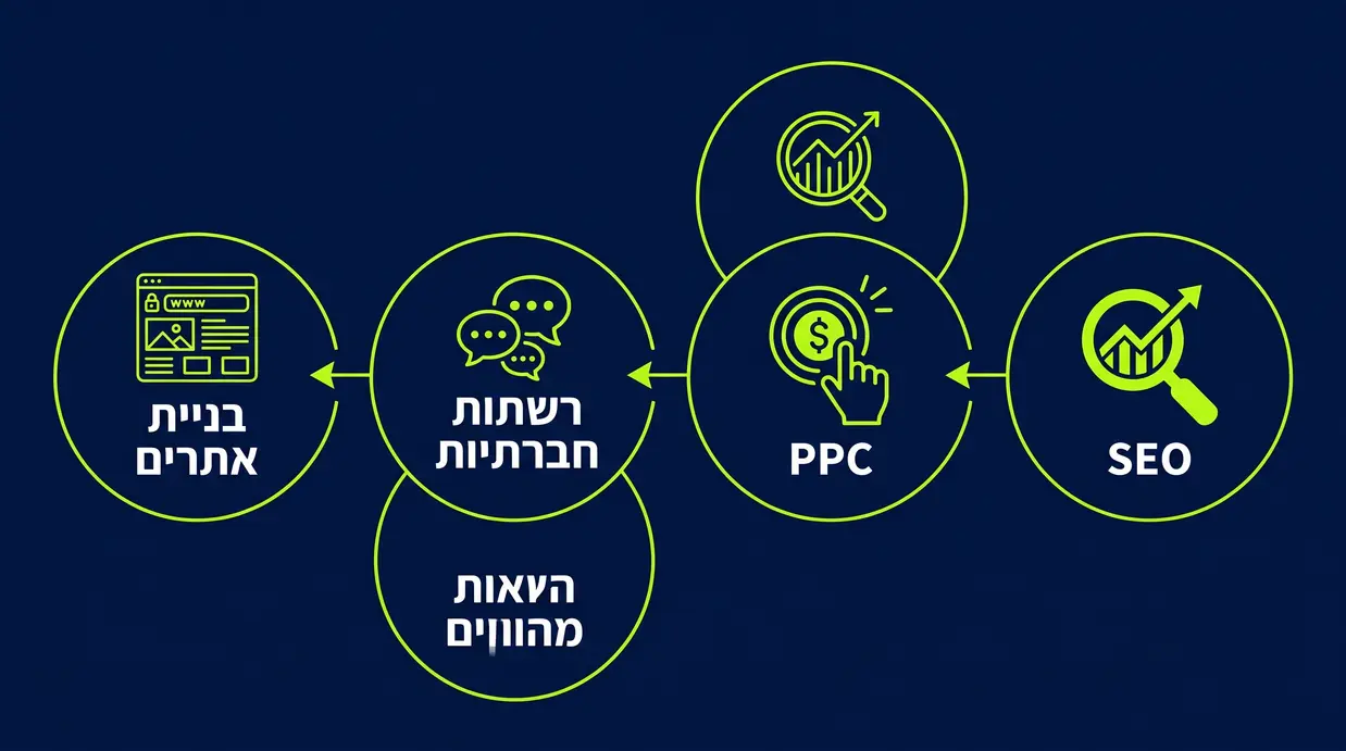 תרשים בעברית המציג את שירותי הסוכנות הדיגיטלית: SEO, PPC, רשתות חברתיות ובניית אתרים