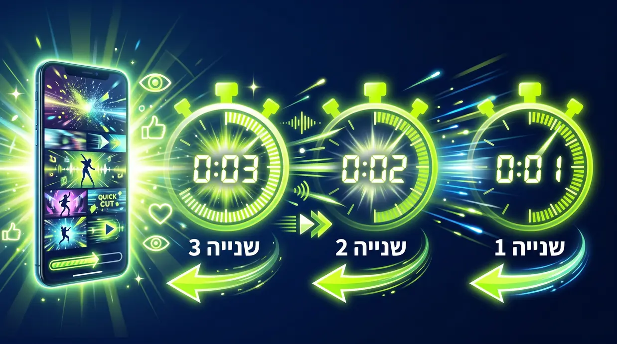 איור בעברית של חוק 3 השניות בטיקטוק עם טיימר וסרטון אנכי