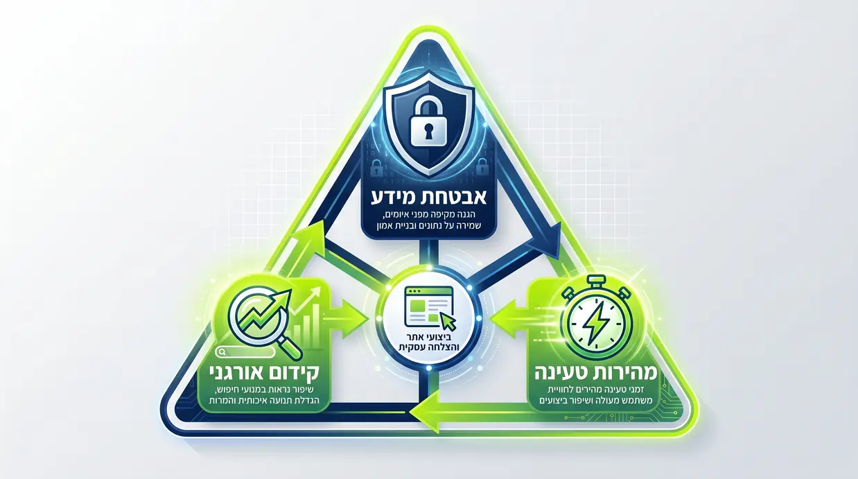 תרשים משולש המציג את הקשר בין מהירות טעינה, אבטחת מידע וקידום אורגני בוורדפרס