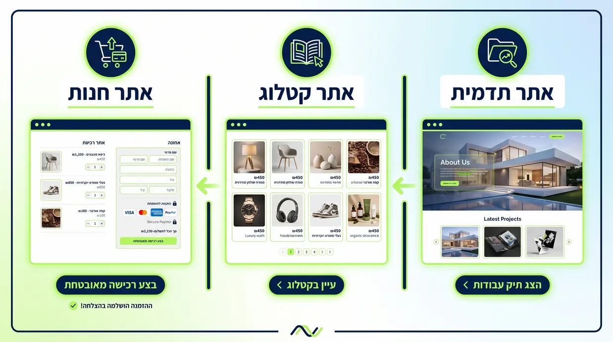 השוואה ויזואלית בין אתר תדמית, אתר קטלוג ואתר חנות וורדפרס