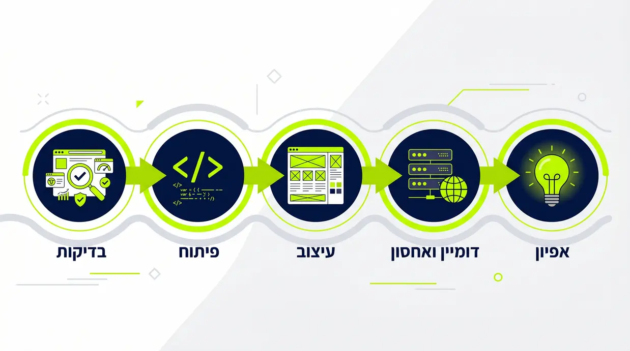 תרשים זרימה המציג את שלבי בניית אתר וורדפרס מהאפיון ועד הבדיקות