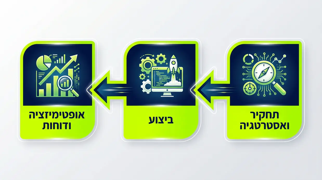 תרשים זרימה בעברית המציג את שלבי העבודה מול סוכנות דיגיטל