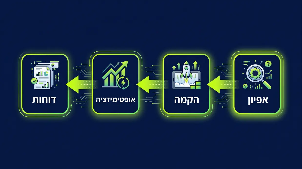 תרשים זרימה המציג את שלבי העבודה של סוכנות פרסום דיגיטל