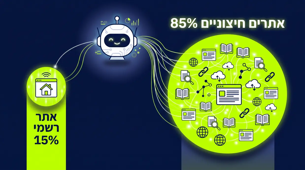 אינפוגרפיקה בעברית המשווה בין 85% מידע מאתרים חיצוניים ל-15% מהאתר הרשמי במנועי AI