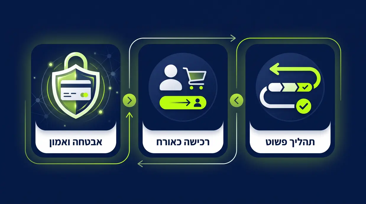 אילוסטרציה של עמוד תשלום נקי עם דגש על פשטות, רכישה כאורח ואבטחה