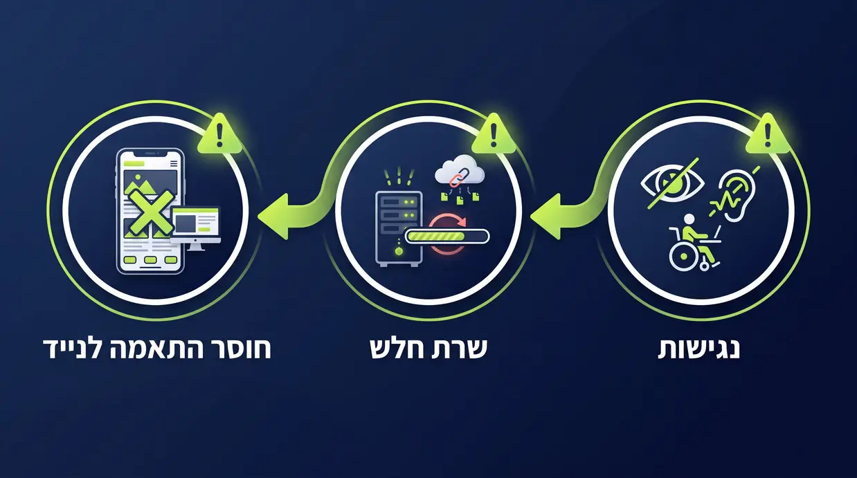 אייקונים עם סימני אזהרה המייצגים טעויות נפוצות באפיון אתר וורדפרס