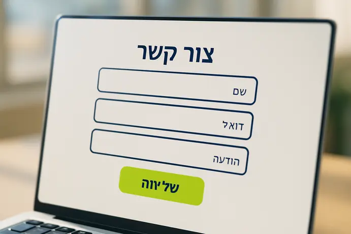 תקריב של טופס יצירת קשר מינימליסטי בעברית עם כפתור בולט