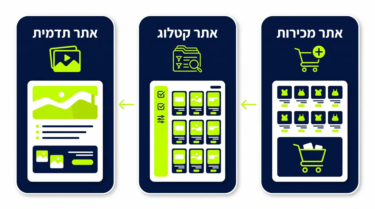 אינפוגרפיקה בעברית המשווה בין אתר תדמית, אתר קטלוג ואתר מכירות בשלושה טורים