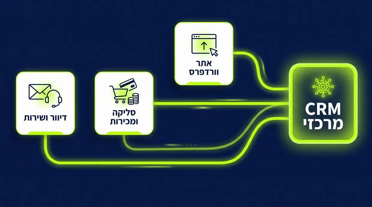 אינפוגרפיקה בעברית המציגה מערכת CRM במרכז המחוברת לאתר וורדפרס, סליקה ודיוור