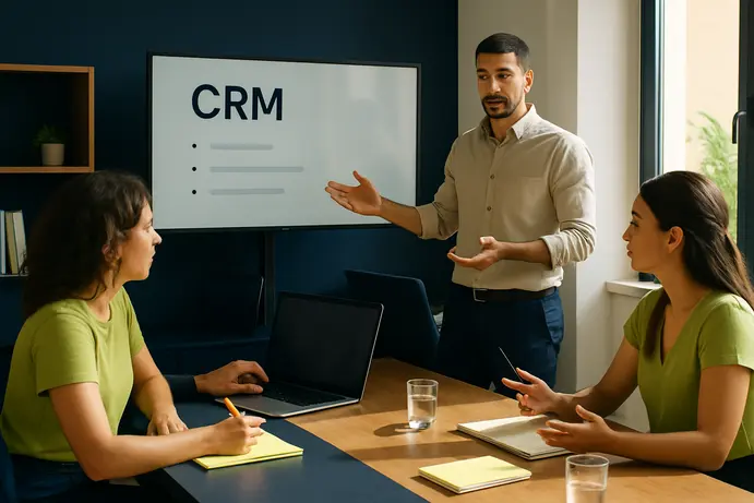 צוות עובדים בפגישת הדרכה על מערכת CRM