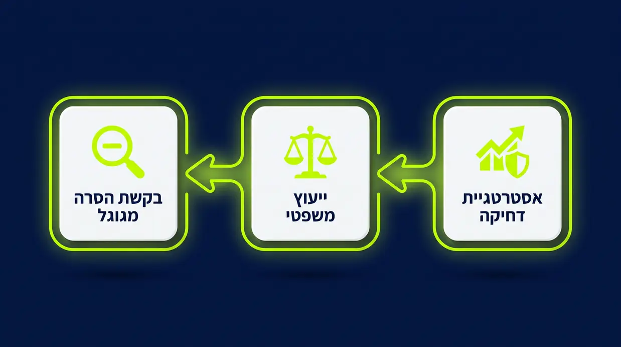 תרשים זרימה בעברית שמציג החלטה בין בקשת הסרה מגוגל, ייעוץ משפטי או אסטרטגיית דחיקה