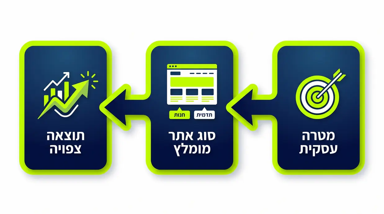תרשים זרימה בעברית המציג התאמה בין מטרה עסקית לסוג אתר ולתוצאה צפויה