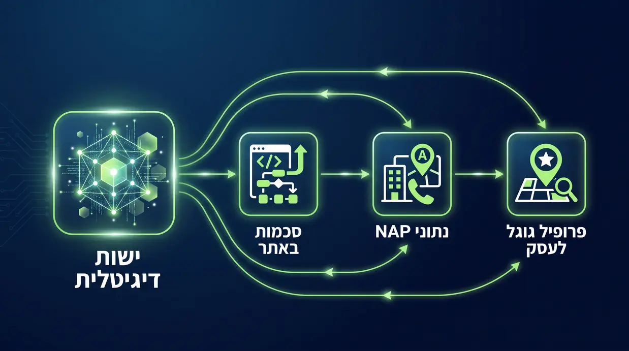 תרשים המציג ישות דיגיטלית במרכז המחוברת לנתוני NAP, סכמות ופרופיל גוגל לעסק