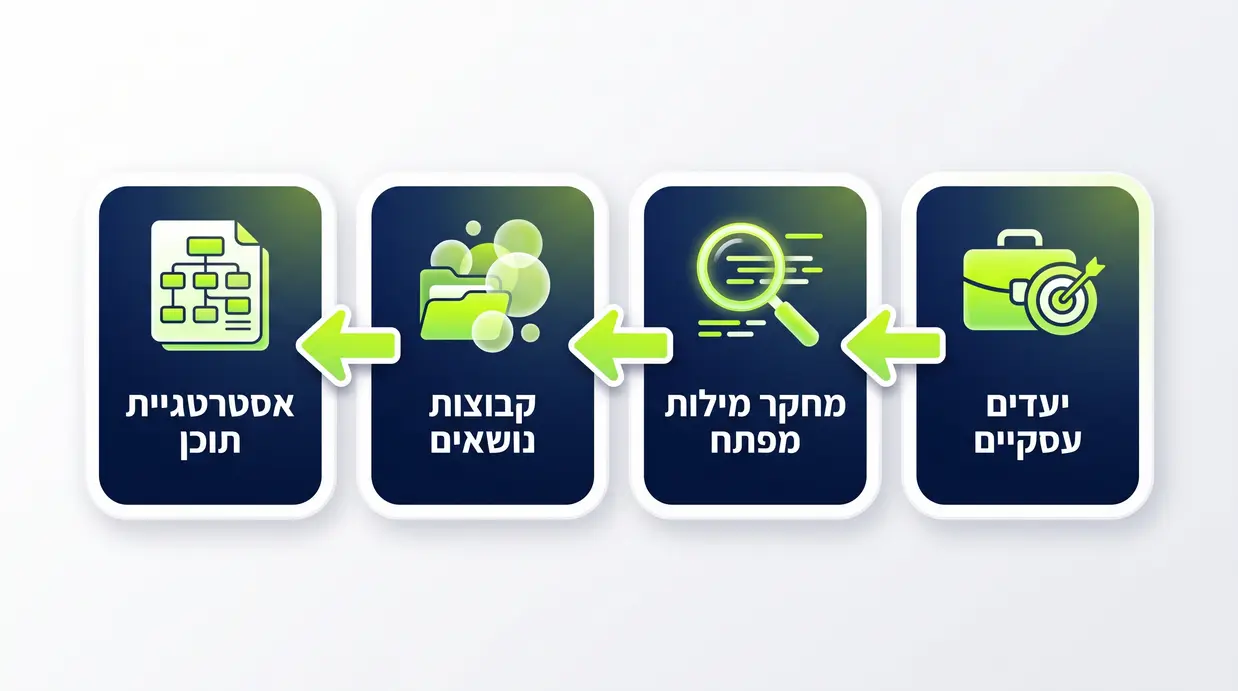 אינפוגרפיקה של תהליך מחקר מילות מפתח ותכנון עסקי לקידום אורגני באתר חדש