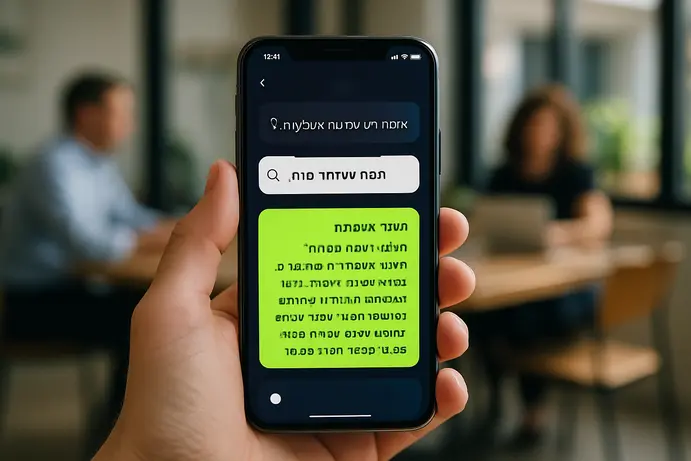 תצוגת סמארטפון המציגה שאילתה מקומית בעברית עם תשובת AI המדגישה עסק ישראלי