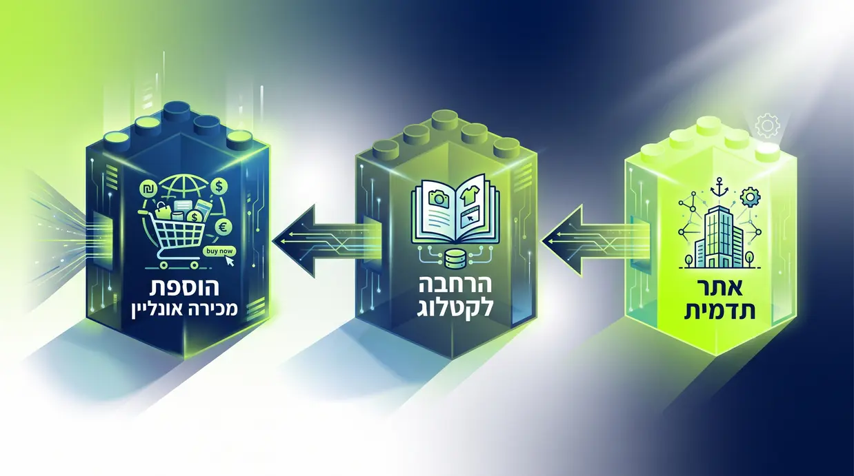 איור של אבני בניין בצבעי המותג המסודרות מימין לשמאל, כל שלב מייצג התקדמות דיגיטלית