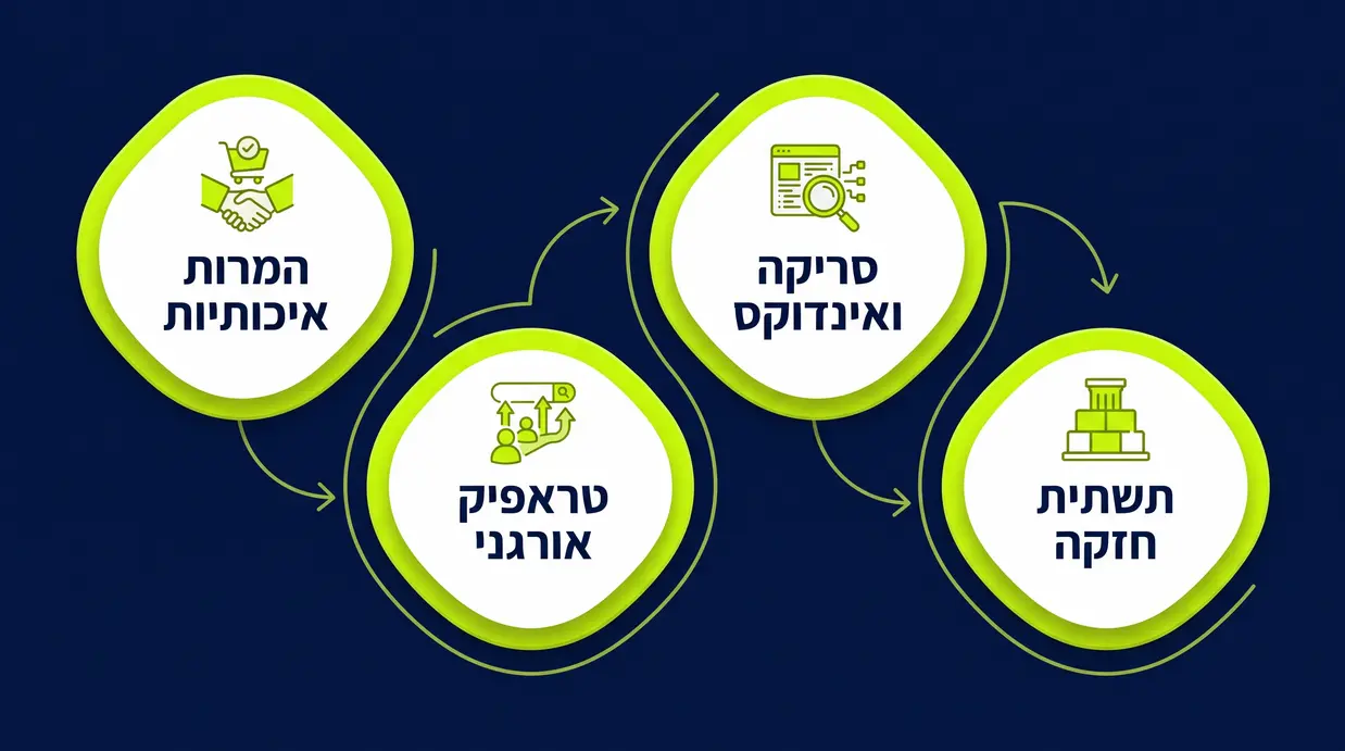 תרשים קונספט המציג איך תשתית SEO חזקה מובילה לסריקה טובה, לטראפיק אורגני ולהמרות איכותיות