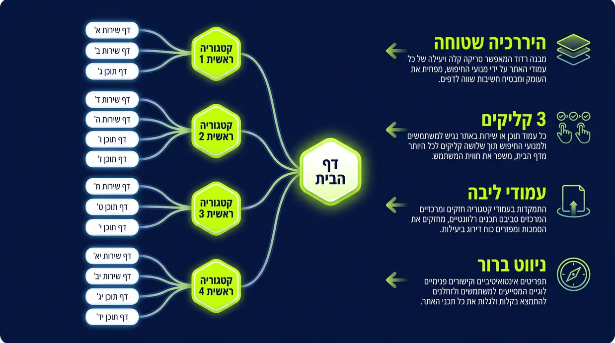 תרשים עץ אתר המציג היררכיה שטוחה עם דף בית, קטגוריות ועמודי שירות לפי כלל שלושה קליקים