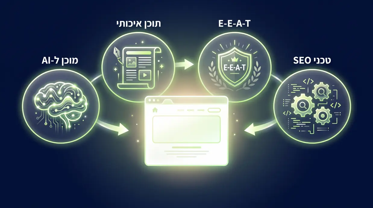 אילוסטרציה קונספטואלית של שילוב בין Technical SEO, תוכן איכותי, E-E-A-T ומוכנות למנועי AI