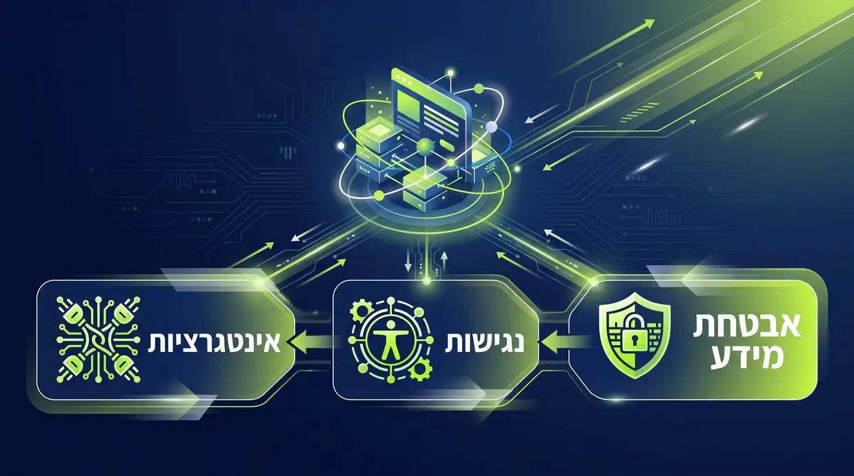 מפת מושגים בעברית המציגה אבטחת מידע, נגישות ואינטגרציות כשלושה צירים מרכזיים בבניית אתר לארגון גדול