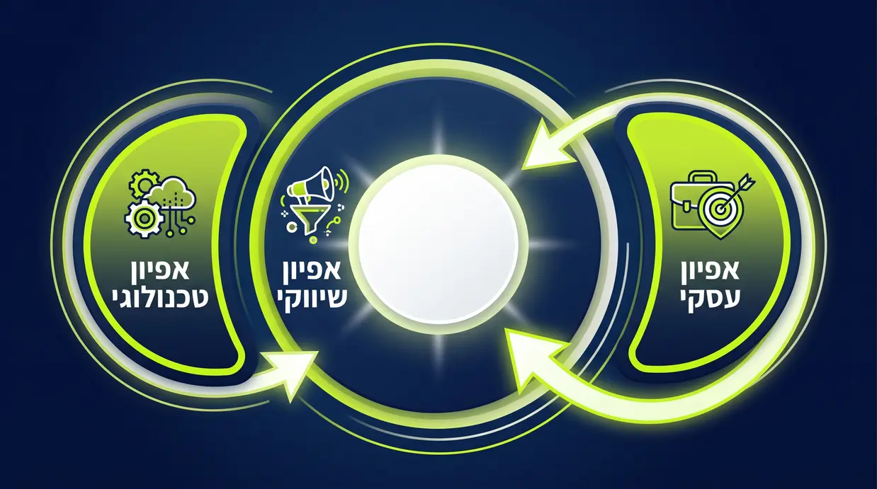 תרשים 360 מעלות המציג את הקשר בין אפיון עסקי, אפיון שיווקי ואפיון טכנולוגי סביב ליבה אחת