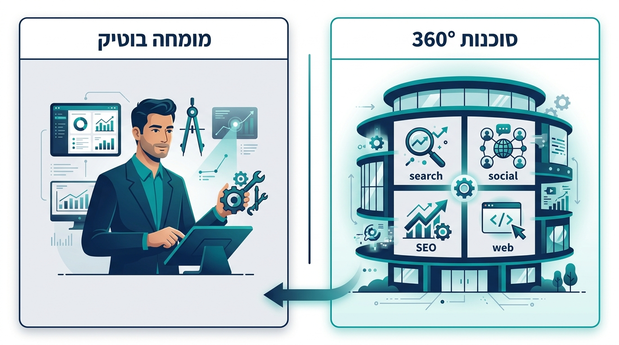 איור השוואה בין סוכנות 360 מעלות עם הרבה מחלקות לבין מומחה בוטיק ממוקד