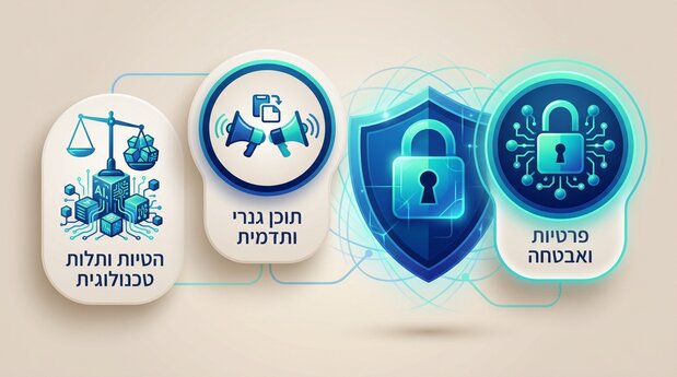 אינפוגרפיקה בעברית המציגה את הסיכונים המרכזיים בשימוש בבינה מלאכותית בשיווק דיגיטלי