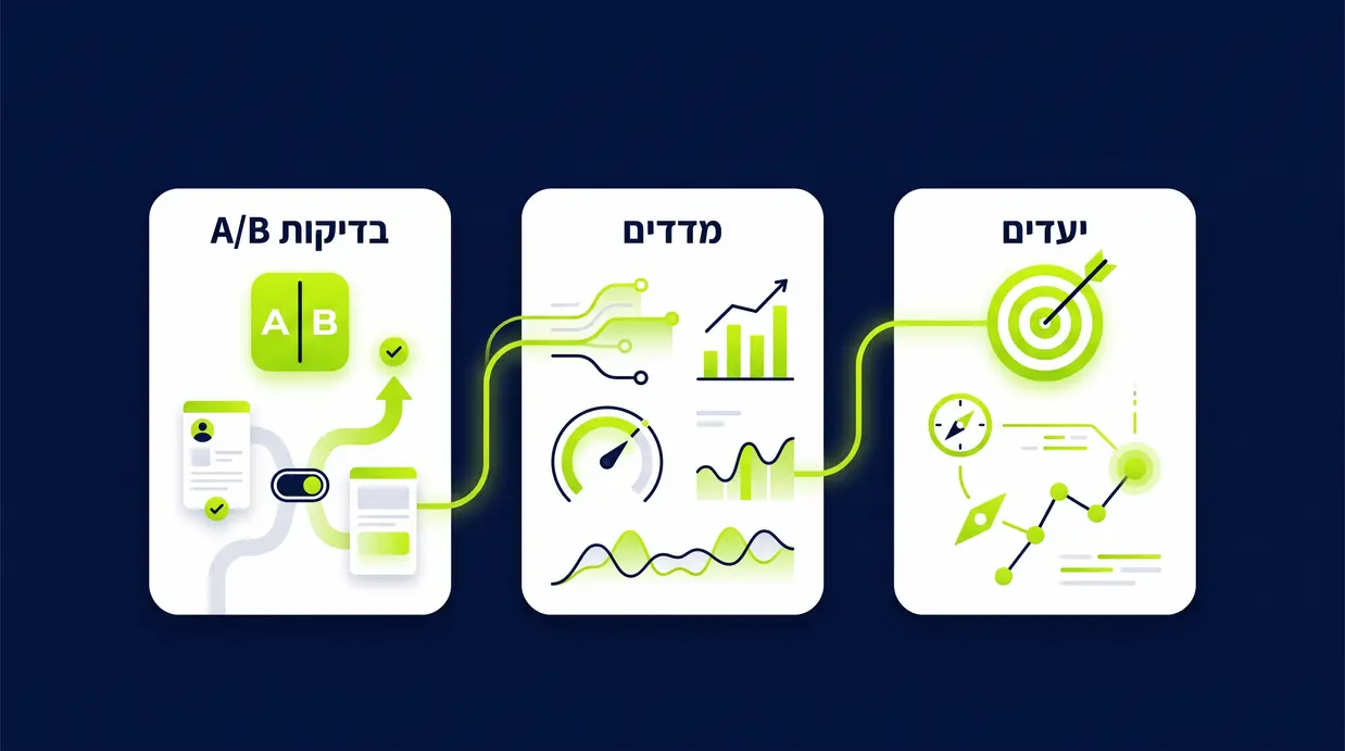 איור אנליטי בעברית המציג יעדים, מדדים ובדיקות A/B כחלק ממדידת UX באתר