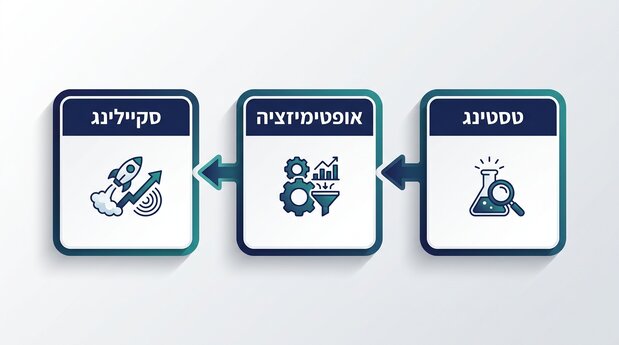 תרשים זרימה המדגים חלוקת תקציב שיווק לטסטינג, אופטימיזציה וסקיילינג