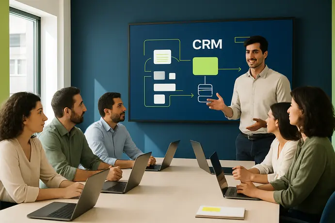 צוות עובדים ישראלי בהדרכה על מערכת CRM חדשה בחדר ישיבות מודרני