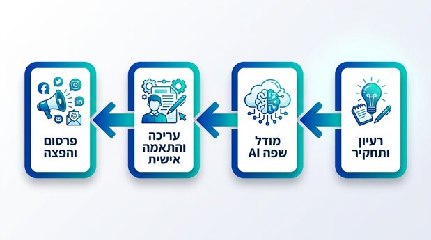 אינפוגרפיקה בעברית המציגה תהליך יצירת תוכן שיווקי בעזרת בינה מלאכותית מעבודת רעיון ועד פרסום