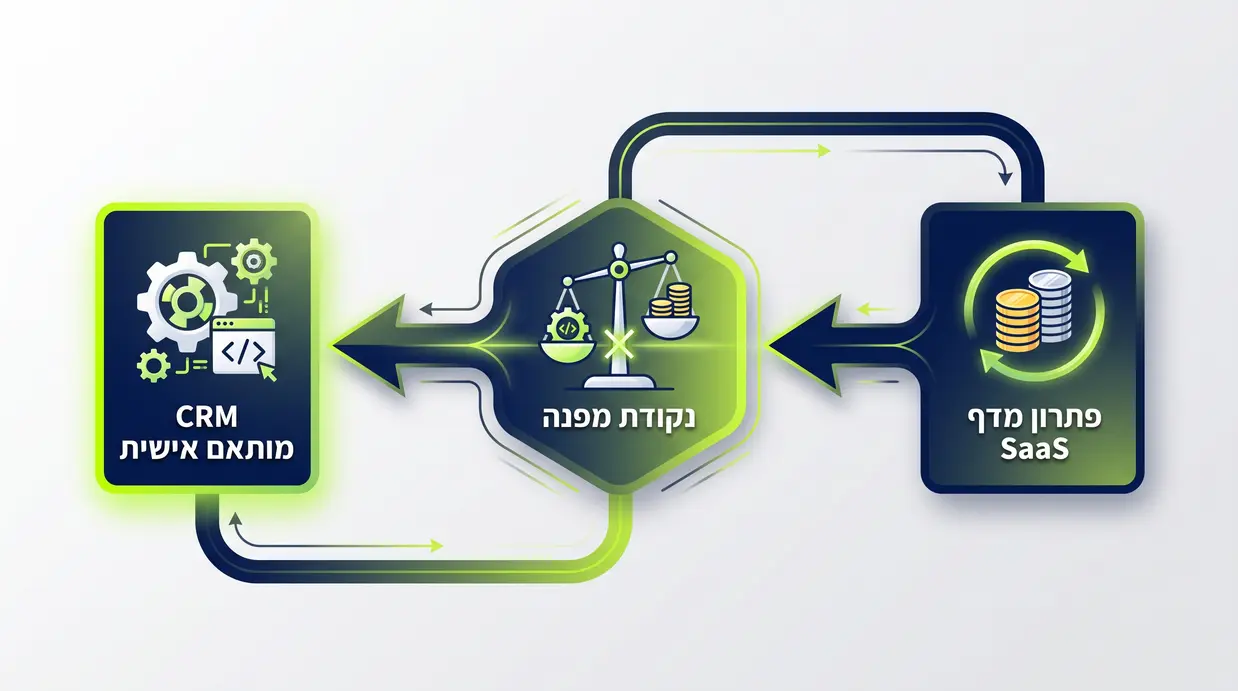 אינפוגרפיקה בעברית המציגה נקודת מפנה כלכלית בין עלויות SaaS חודשיות לפיתוח CRM מותאם אישית