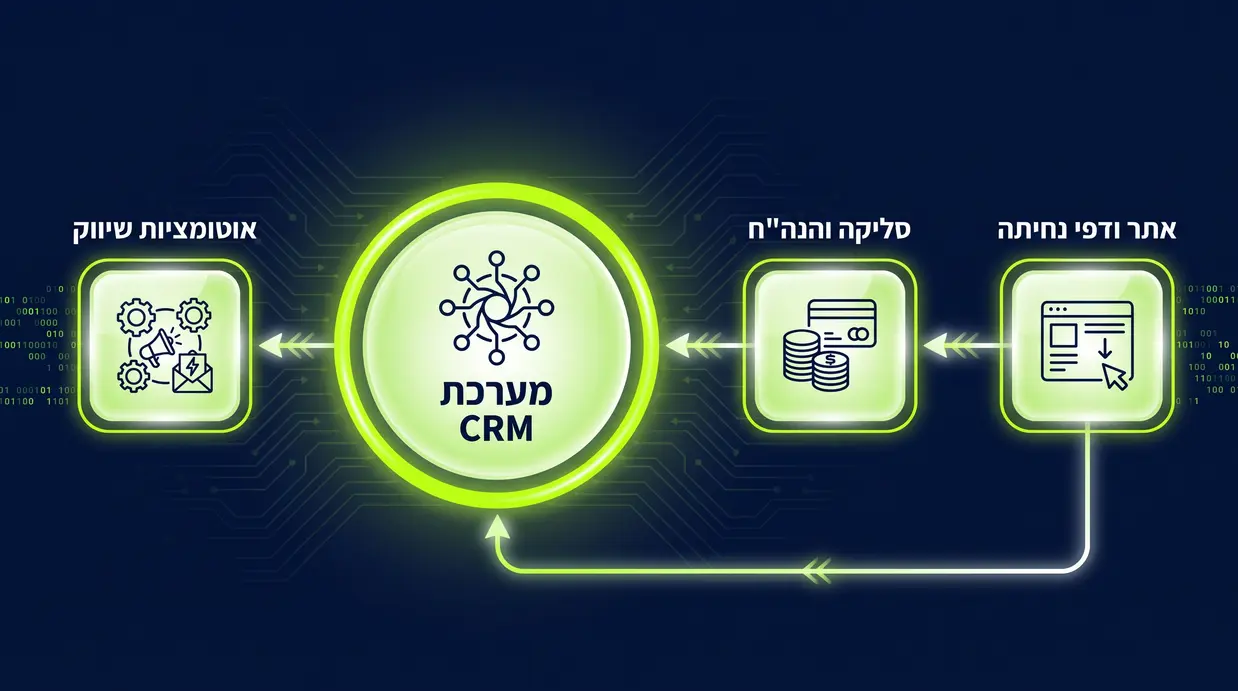 מפת מושגים בעברית המציגה את מערכת ה-CRM במרכז מחוברת לאתר ודפי נחיתה, סליקה והנהלת חשבונות ואוטומציות שיווק