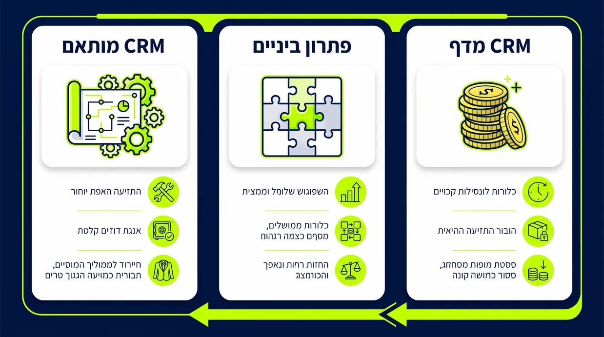 השוואה חזותית בין CRM מדף, פתרון ביניים ו-CRM מותאם אישית מבחינת מודל תמחור ותזרים