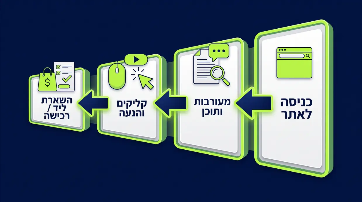 אינפוגרפיקה של משפך המרה בעברית המציגה את מסע הלקוח מהכניסה לאתר ועד להשארת ליד או רכישה