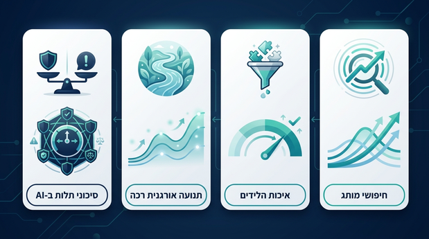 גרפיקה בסגנון לוח מחוונים שמציגה מדדי הצלחה עקיפים ב-GEO לצד אזור סיכונים ותלות בבינה מלאכותית