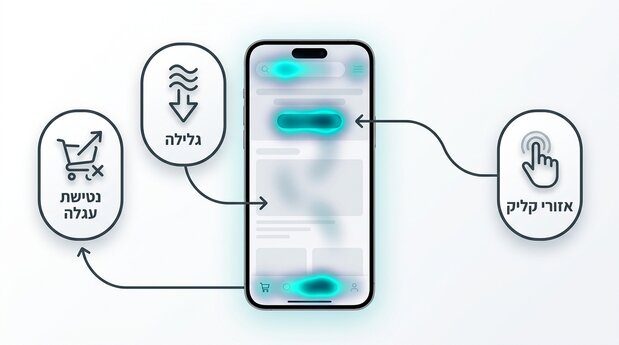 מסך מובייל עם מפת חום צבעונית המדגישה אזורי קליק וגלילה לצורך אופטימיזציה