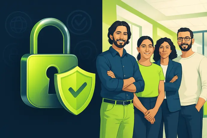 המחשה של שילוב בין אבטחת מידע בתקני ISO ו-GDPR לבין צוות עובדים מרוצה בתהליך ניהול שינוי ארגוני