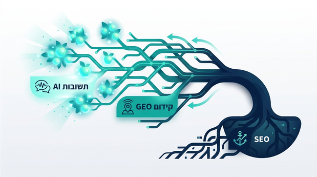 איור עץ שבו ה-SEO הוא השורשים, קידום GEO הוא הגזע והענפים, ותשובות AI הן הפירות בקצה