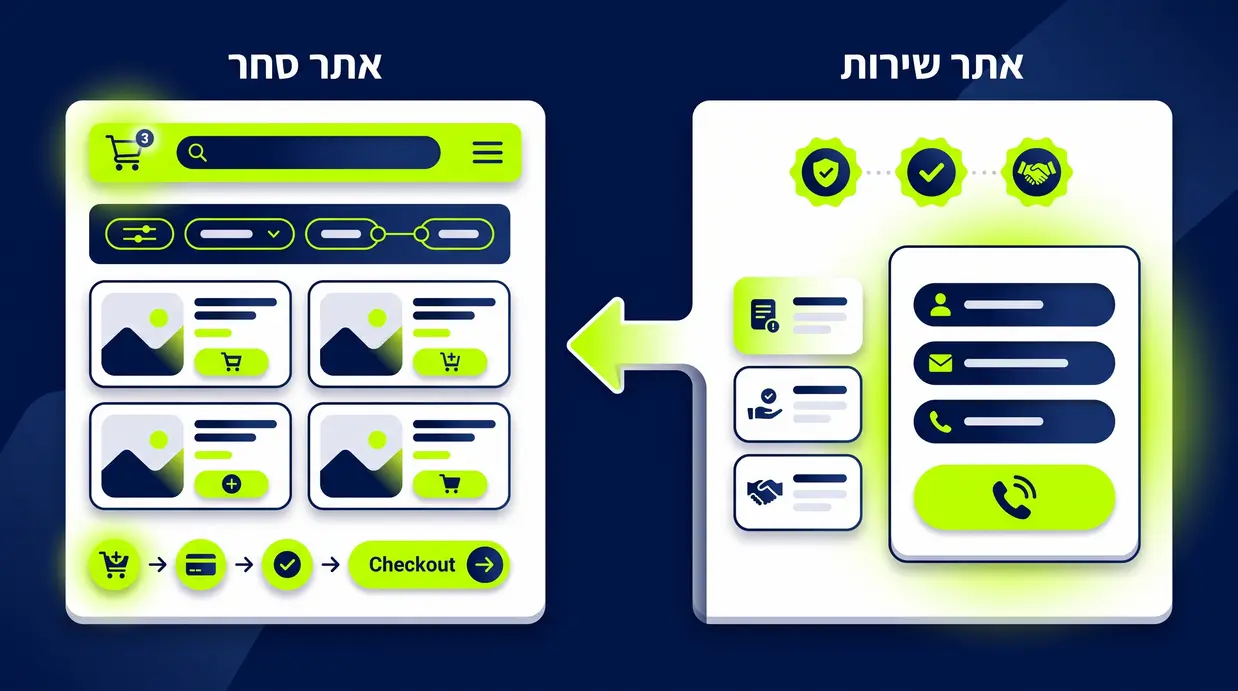 איור מסך מפוצל המשווה בין אתר שירות עם טופס לידים לבין אתר סחר עם עגלת קניות
