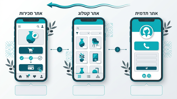 השוואה גרפית בין מסכי מובייל של אתר תדמית, אתר קטלוג ואתר מכירות