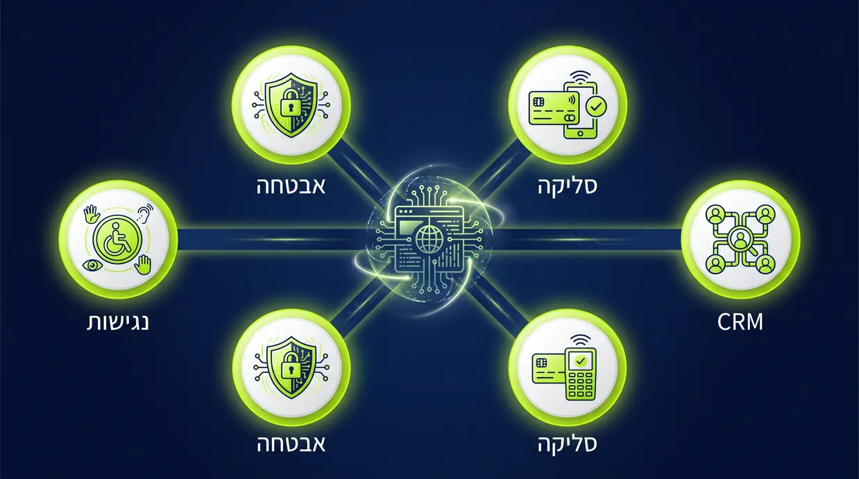 אייקונים של אינטגרציות טכנולוגיות כמו CRM, סליקה, אבטחה ונגישות מחוברים למרכז אחד