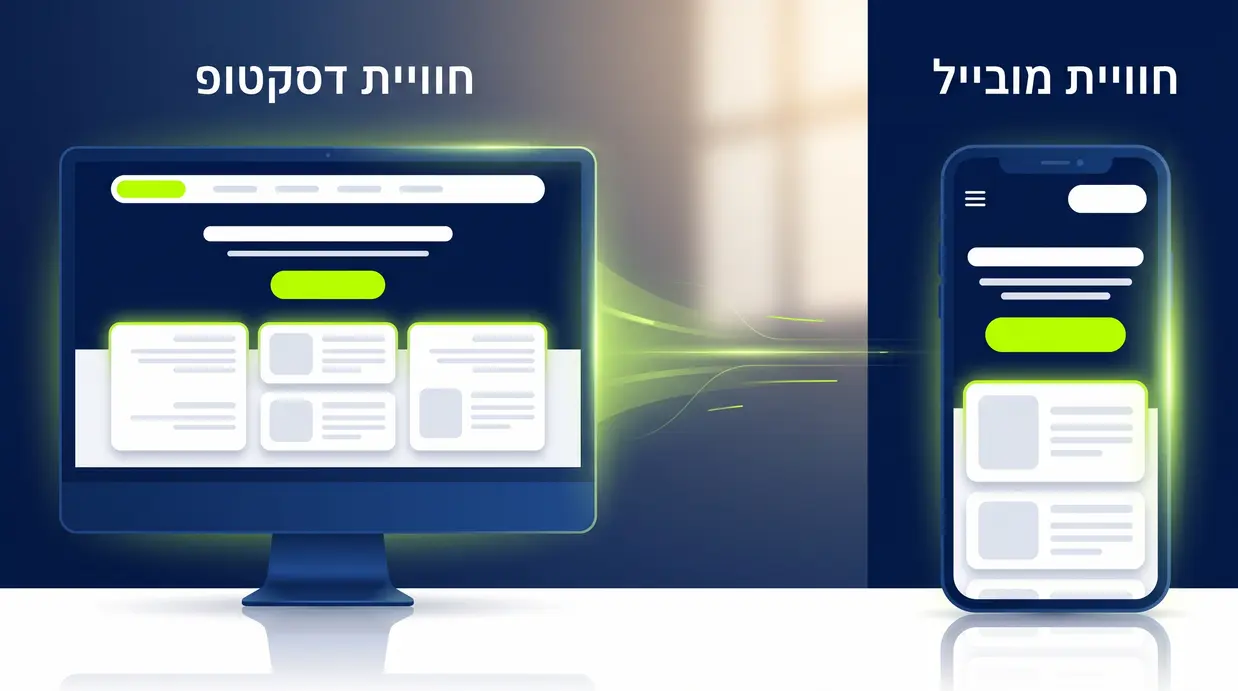 תצוגה מפוצלת המשווה בין אתר במובייל לבין אתר בדסקטופ עם דגש על ניווט ברור וחוויית משתמש
